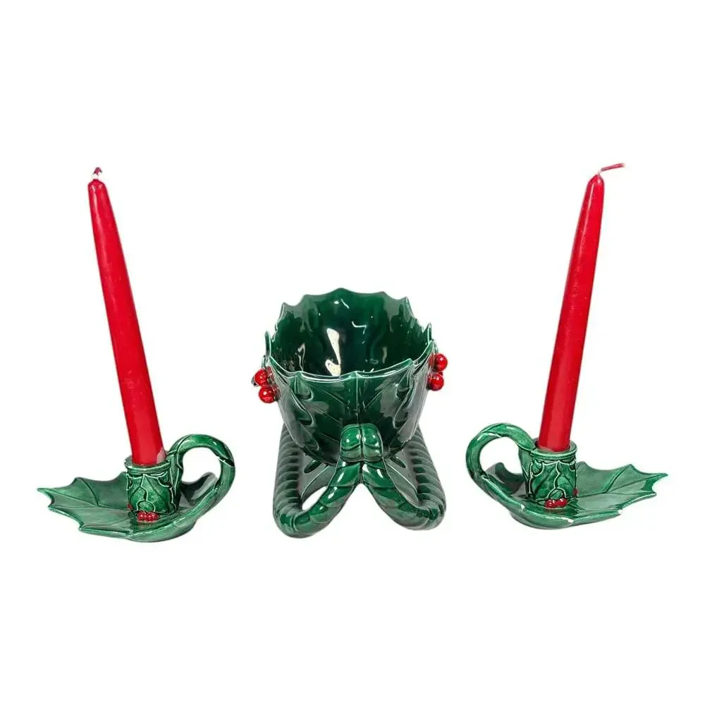 Vintage Lefton Green Holly Berry Ceramic Sleigh Candy Dish and Candle Holder Set